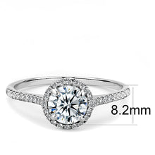 Load image into Gallery viewer, Side view of clear CZ halo ring showing polished stainless steel setting and pave accents