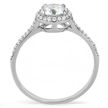 Load image into Gallery viewer, Profile view of clear CZ halo engagement-style ring in high-polished stainless steel