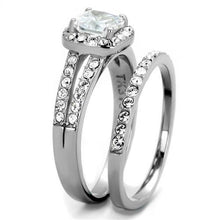 Load image into Gallery viewer, TK 2180 – Square Clear CZ Halo Wedding Ring Set – High-Polished Stainless Steel – April Birthstone