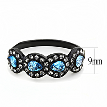 Load image into Gallery viewer, Light Blue Four-Crystal Halo Ring – Black Stainless Steel | March Birthstone