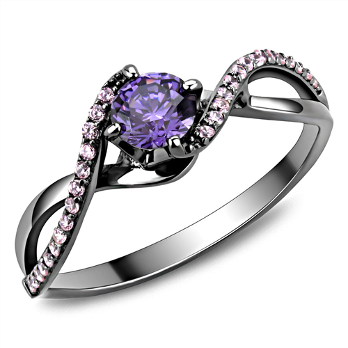 MTs610 - .925 February Birthstone - Sterling Silver - Amethyst Round-cut Brilliant Swirl Band with Pink Ice Crystals Gun Metal Steel Newest