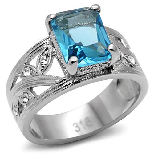 MT180 - Emerald Cut Sea Blue and Clear Crystal Ring March Birthstone