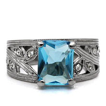 Load image into Gallery viewer, MT180 - Emerald Cut Sea Blue and Clear Crystal Ring March Birthstone
