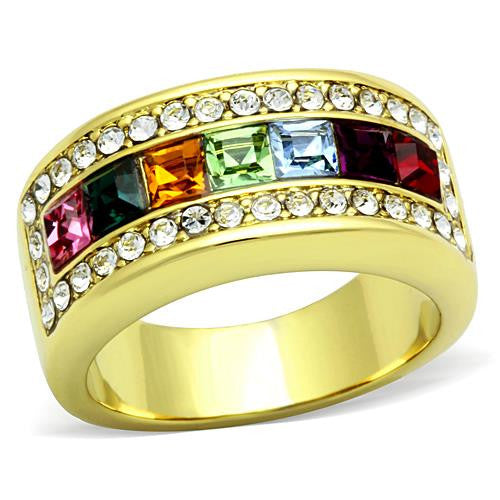 MT2041 - IP Gold(Ion Plating) Stainless Steel Ring with Top Grade Crystal in Multi Color