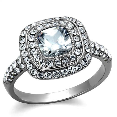 MT4112 - High polished (no plating) Stainless Steel Ring Double Halo Ring Designer Replica April Birthstone