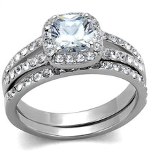 Load image into Gallery viewer, TK 2180 – Square Clear CZ Halo Wedding Ring Set – High-Polished Stainless Steel – April Birthstone