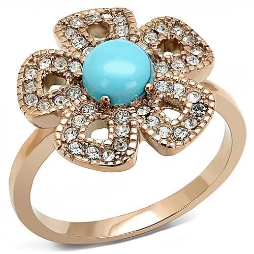 MT1023 - IP Rose Gold(Ion Plating) Stainless Steel Flower Ring with Synthetic Turquoise in Sea Blue