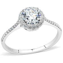 Load image into Gallery viewer, Clear CZ halo engagement-style ring in polished stainless steel with round center stone and pave band
