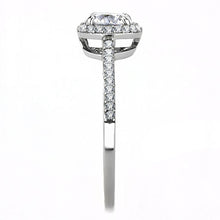Load image into Gallery viewer, Close-up of round clear CZ center stone and halo detail on stainless steel ring
