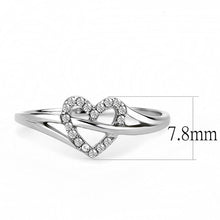 Load image into Gallery viewer, Side view of petite stainless steel heart ring with clear CZ stones
