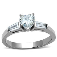 Load image into Gallery viewer, MT 1451 Newest - High polished (no plating) Stainless Steel Ring with Clear Crystal Heart Center and Baguettes on sides  April Birthstone
