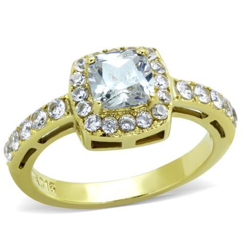 MT 9981g IP Gold(Ion Plating) Stainless Steel Ring with Crystals in Clear Halo Design April Birthstone