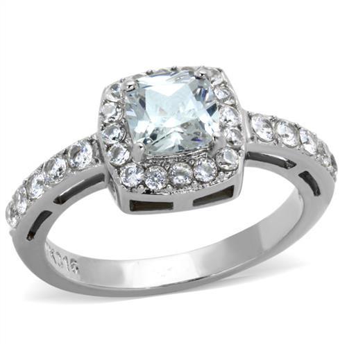 MT 9981 N -  Stainless Steel Ring with Crystals in Clear Halo Design April Birthstone - Newest