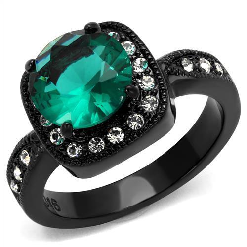 MT9022 IP Black Stainless Steel Halo Design Teal Green Birthstone