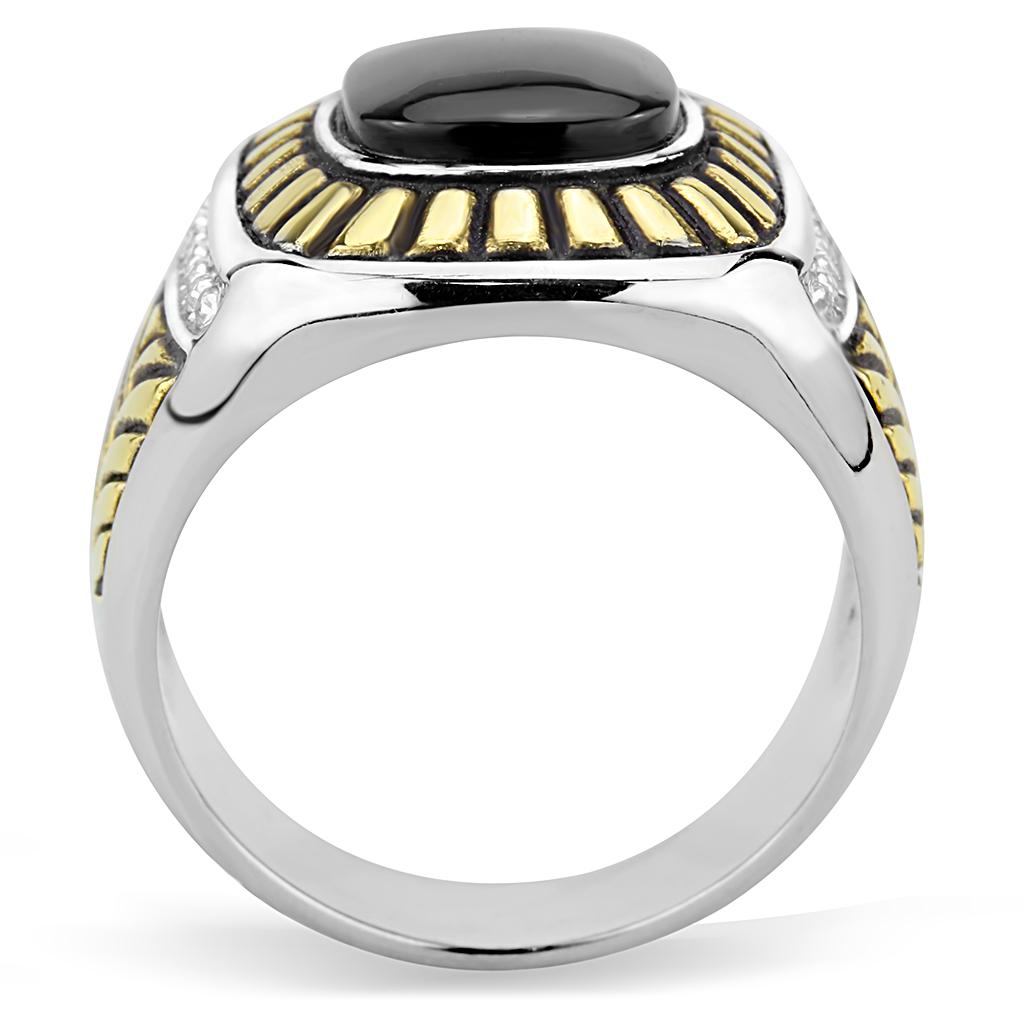 MT4923 Two-Tone IP Gold (Ion Plating) Stainless Steel Ring with Synthetic Onyx in Jet Men Ring