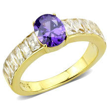 Load image into Gallery viewer, MT 1463 IP Gold(Ion Plating) Stainless Steel Ring with Oval Center Crystal in Tanzanite &amp; Clear Baguettes
