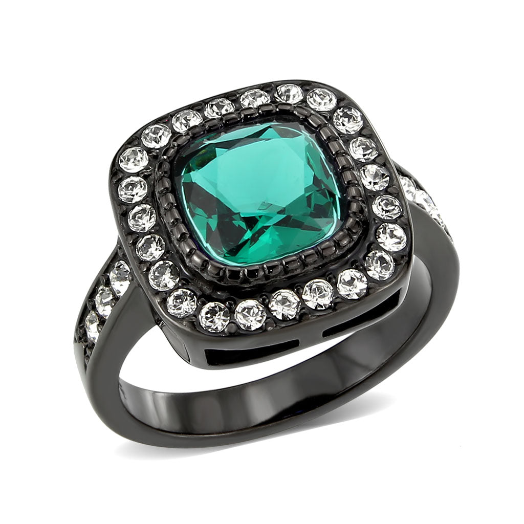 MT 2183 IP Black (Ion Plating) Stainless Steel Ring with Crystals in Blue Zircon - Halo Clear Crystals December Birthstone