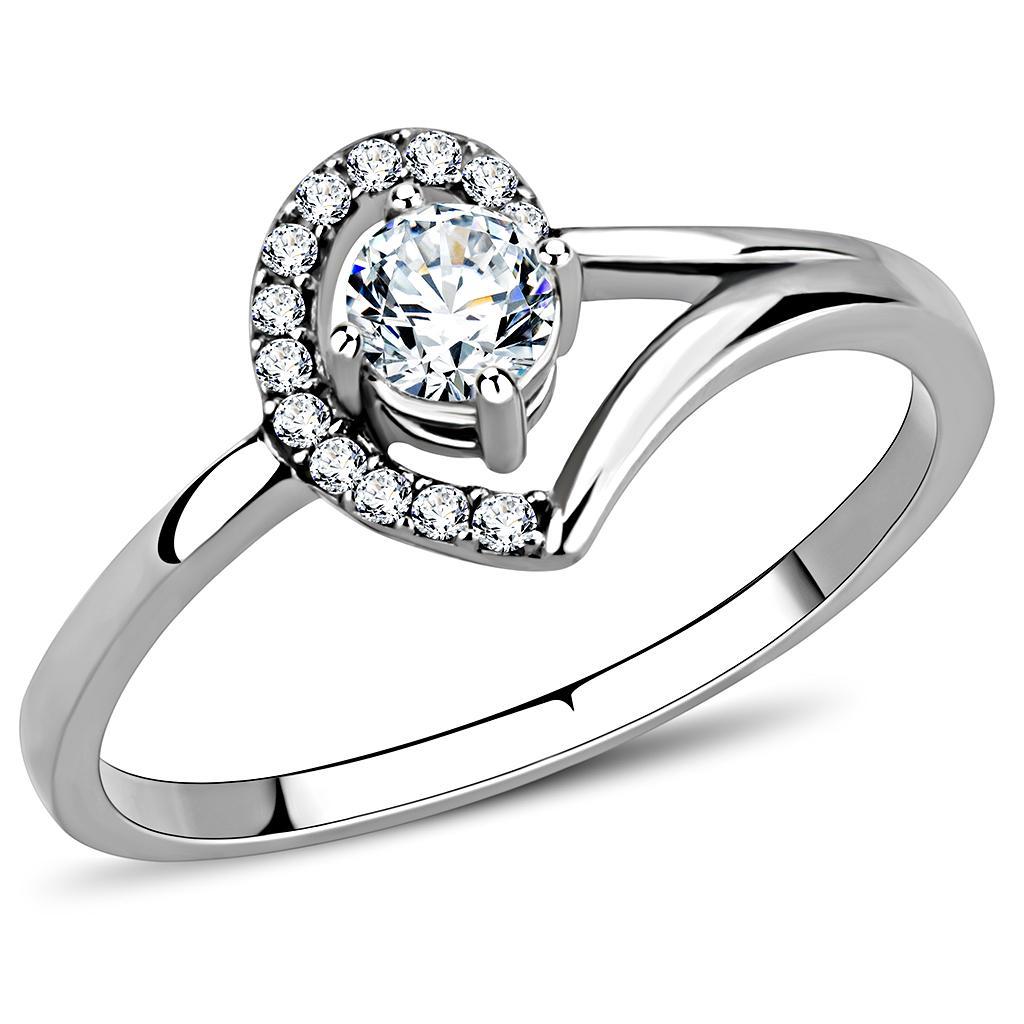 MT561 - Adorable Petite Polished Stainless Steel Halo with Center Clear Solitaire - April Birthstone - Minimalistic Newest