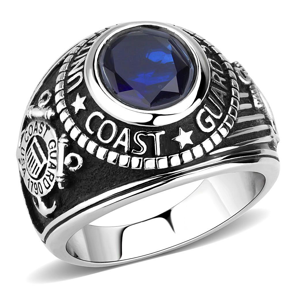 MT7273 - High polished (no plating) Stainless Steel Ring with Large Crystal in Montana/Sapphire Stunning Coast Guard -September Birthstone