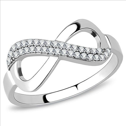 MT450 - High polished (no plating) Stainless Steel Ring in Clear Crystals Steel Infinity Ring with Pave Crystals - April Birthday