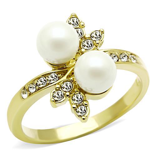 MT611 - IP Gold(Ion Plating) Stainless Steel Ring with Synthetic Pearl in White - Flower Ring April Birthstone