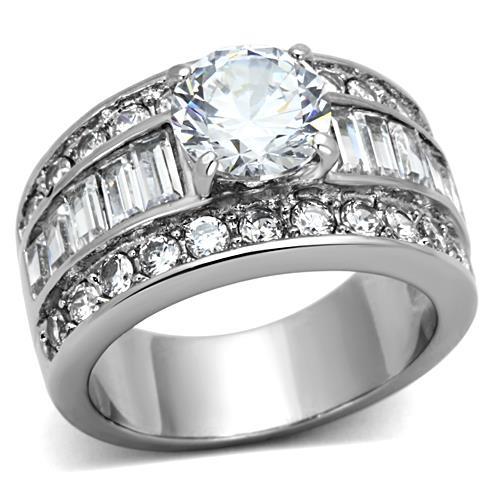 MT2321 - Stainless Steel Double Eternity Band with Baguettes Adorning 5 carat center Crystal!! April Birthstone