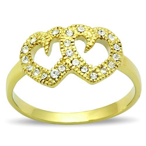 MT8931 - IP Gold(Ion Plating) Stainless Steel Ring with Top Grade Crystal in Clear - Double Heart- Gold IP Ring April Birthstone