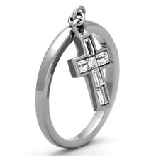 Load image into Gallery viewer, MT8341 - Cross - Stainless Steel - Charm Ring - Clear Center Crystal Round-cut with Emerald cut Baguettes on the sides
