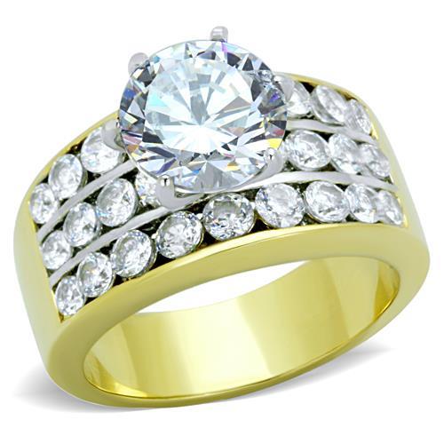MT3551 - Two-Tone IP Gold (Ion Plating) Stainless Steel Ring with  Exquisite Clear Crystals - April Birthstone