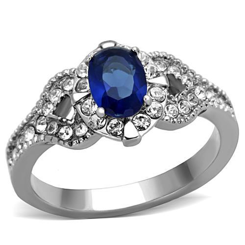 MT5671 - Sapphire and Clear Crystals- Stainless Steel Ring September Birthstone