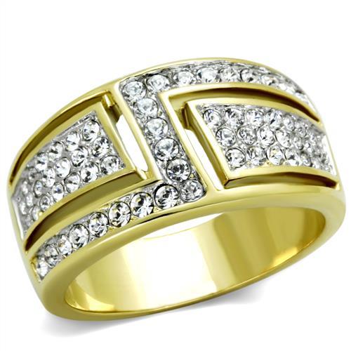 MT5481 - Two-Tone IP Gold (Ion Plating) Stainless Steel Ring with Top Grade Crystal in Clear- Designer Replica - April Birthstone