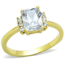 Load image into Gallery viewer, MT6781 - IP Gold(Ion Plating) Stainless Steel Ring with Crystals in Clear - Emerald Cut Center Stone- April Birthstone

