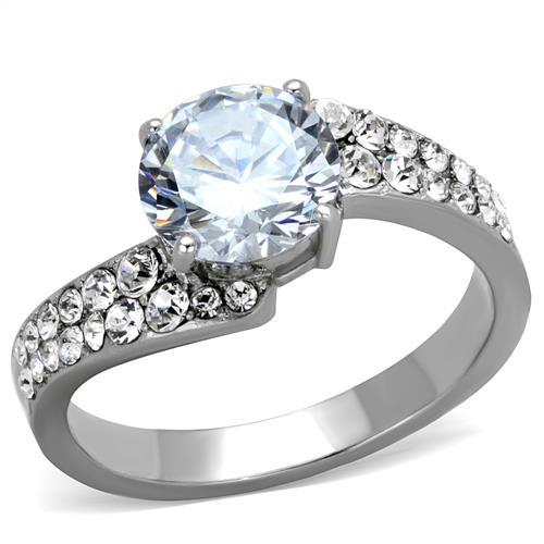 MT0402 - High polished (no plating) Stainless Steel Ring with Beautiful Crystals in Clear - April Birthstone