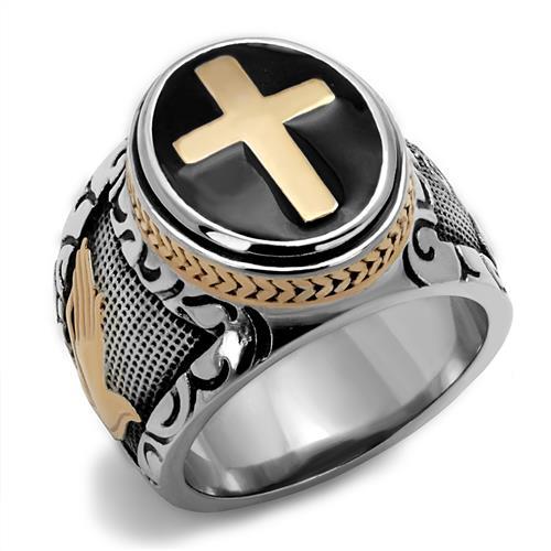 MT3262 - Two-Tone IP Rose Gold Stainless Steel Ring with Epoxy in Jet Men's Ring Cross