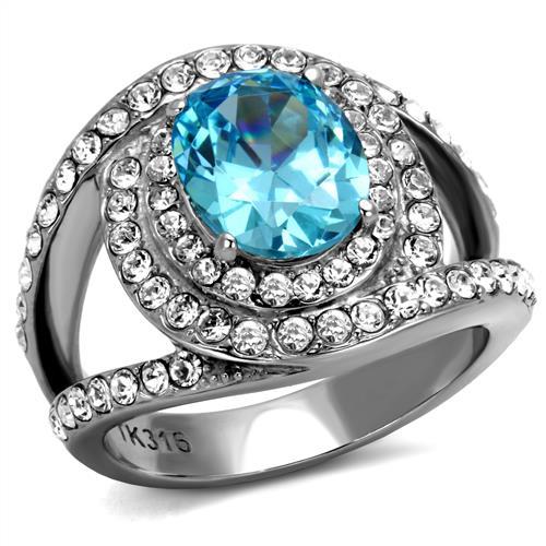 MT0092 - Sea Blue March Birthstone Ring - Large Oval Center Crystal with Mystic Swirl Rows Encompassing Stone