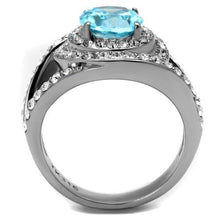 Load image into Gallery viewer, MT0092 - Sea Blue March Birthstone Ring - Large Oval Center Crystal with Mystic Swirl Rows Encompassing Stone

