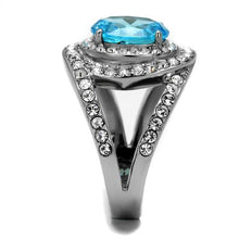 Load image into Gallery viewer, MT0092 - Sea Blue March Birthstone Ring - Large Oval Center Crystal with Mystic Swirl Rows Encompassing Stone
