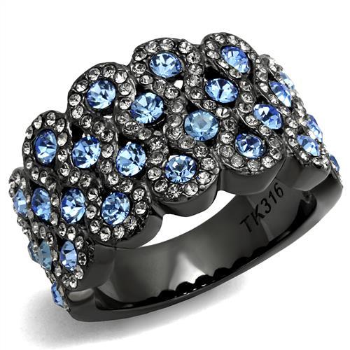 MT1113 - Aqua Marine Black Ion Stainless Steel Cluster Ring Newest March Birthstone