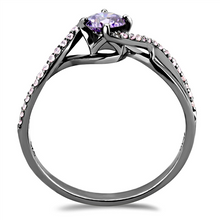 Load image into Gallery viewer, MTs610 - .925 February Birthstone - Sterling Silver - Amethyst Round-cut Brilliant Swirl Band with Pink Ice Crystals Gun Metal Steel Newest
