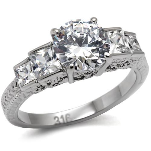 MT750 - High polished (no plating) Stainless Steel Ring with Clear Crystals Newest April Birthstone