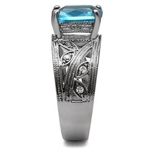 Load image into Gallery viewer, MT180 - Emerald Cut Sea Blue and Clear Crystal Ring March Birthstone

