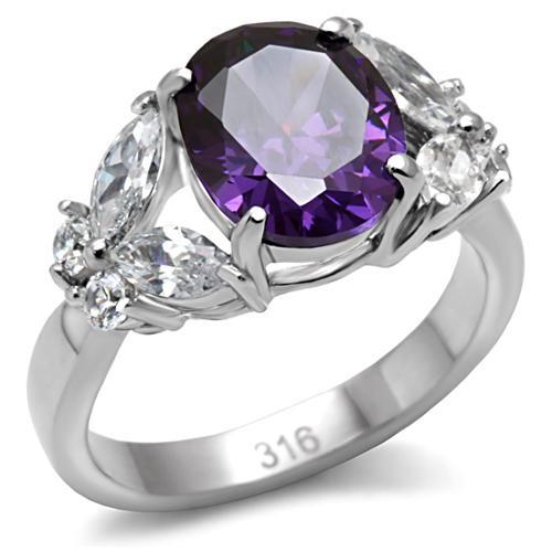 MT680 - High polished (no plating) Stainless Steel Ring with Amethyst Oval Center Stone Surrounded with Teardrop and Round Crystals - February Birthstone