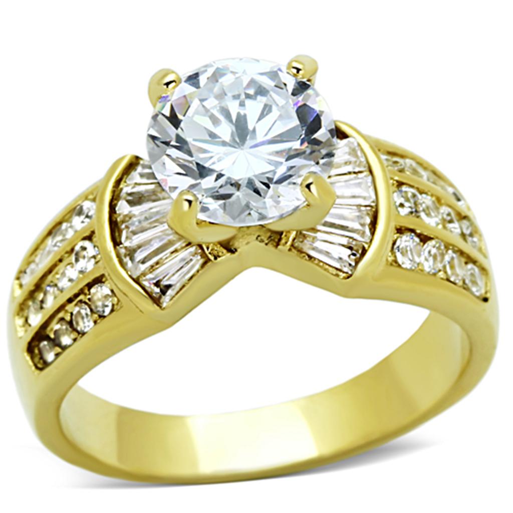 MT3231 - IP Gold(Ion Plating) Stainless Steel Ring Clear Crystals - April Birthstone -Newest