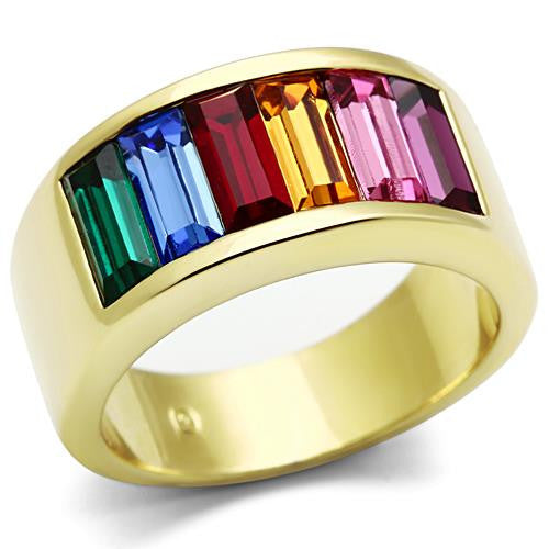 MT5141 - IP Gold(Ion Plating) Stainless Steel Ring with Multi Colored Crystals