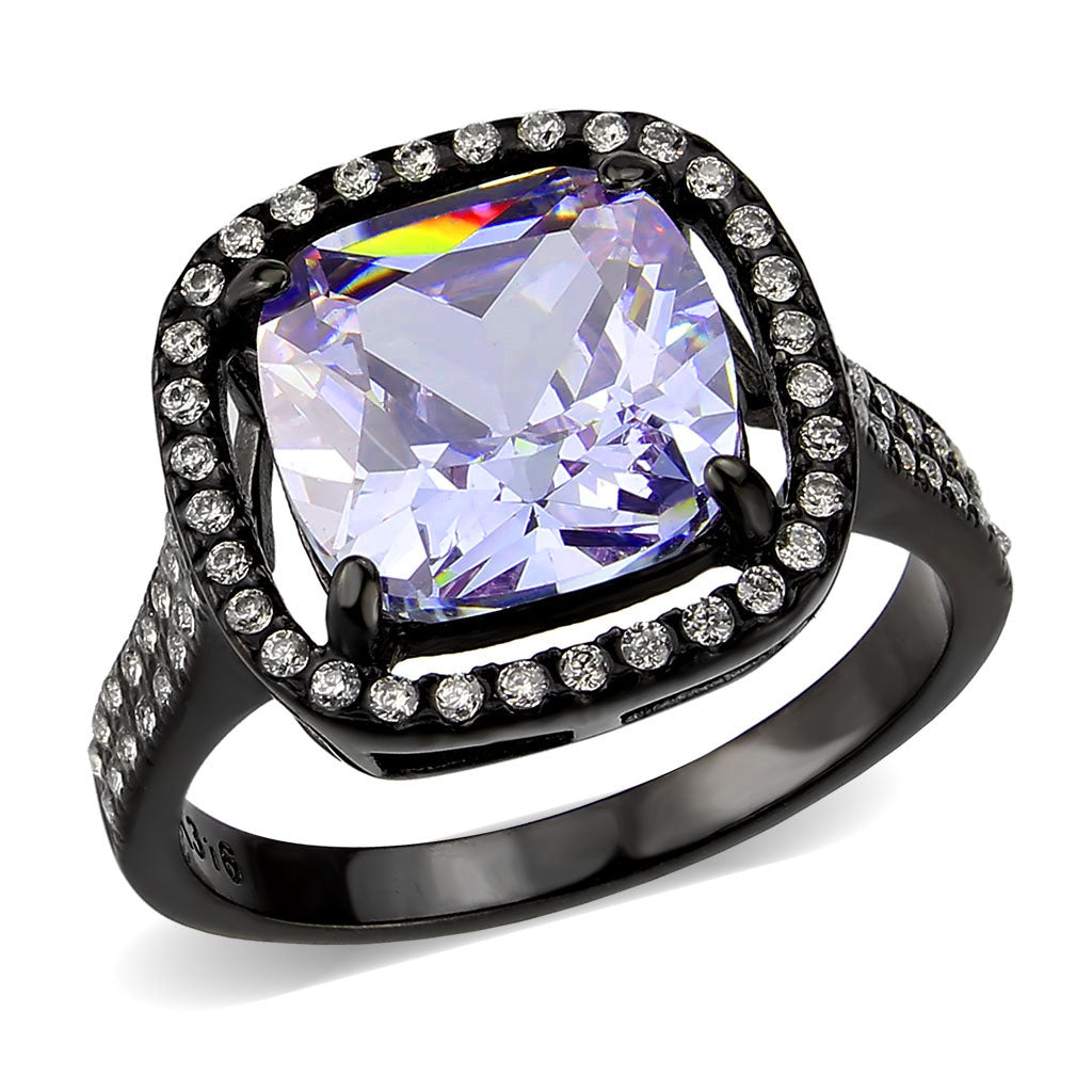 MT4373 - IP Black Stainless Steel Ring with Beautiful Crystals in Light Amethyst -Tanzanite - February Birthstone