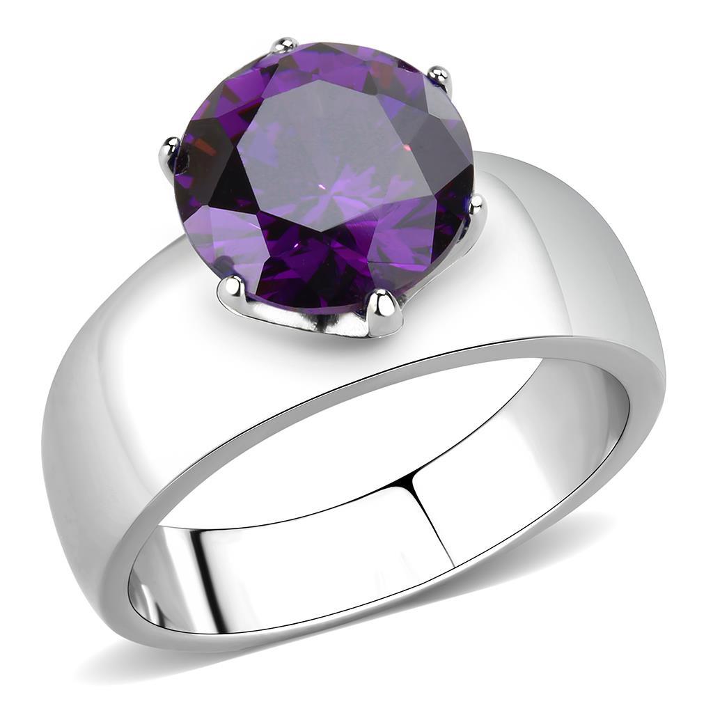 MT20025 - Stainless Steel Large Brilliant Crystal Dark Amethyst Purple  Newest February Birthstone