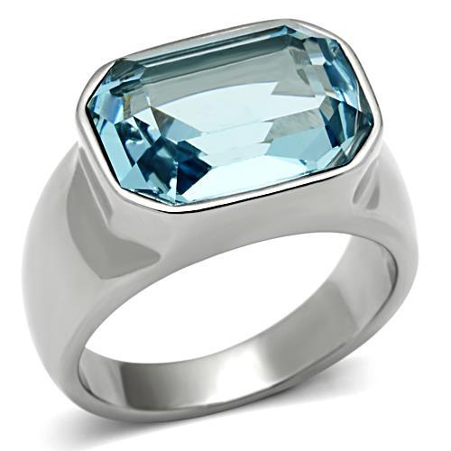 MT725 - March Birthstone - Newest - Bezel Set - Emerald Cut- Sea Blue