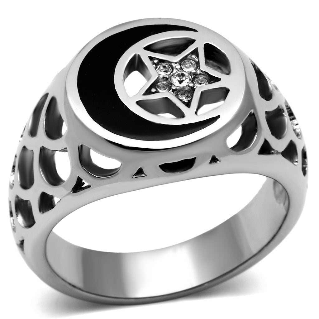 MT607 - Moon and Star Men's Ring Newest Clear Crystal